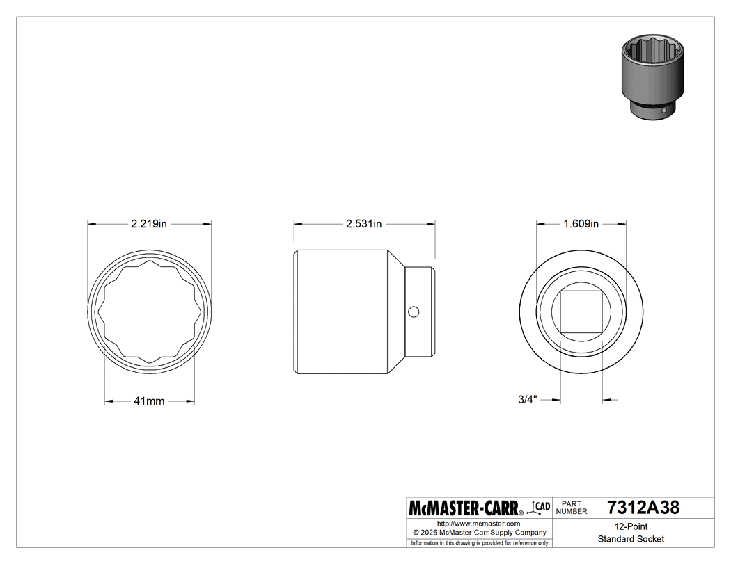 Technical Drawing of 12-Point Standard Socket, Chrome-Plated Steel, 3/4" Square Drive, 41 mm Size.